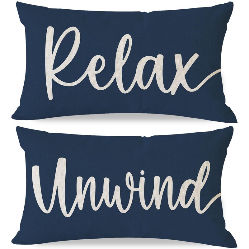 HERHOME Decorative Throw Pillow Covers 12x20 Inch Set of 2 Relax Unwind Navy Blue Outdoor Coastal Spring Summer Front Porch Patio Decor Lumbar Cushion Case Decoration for Home Sofa Couch Living Room