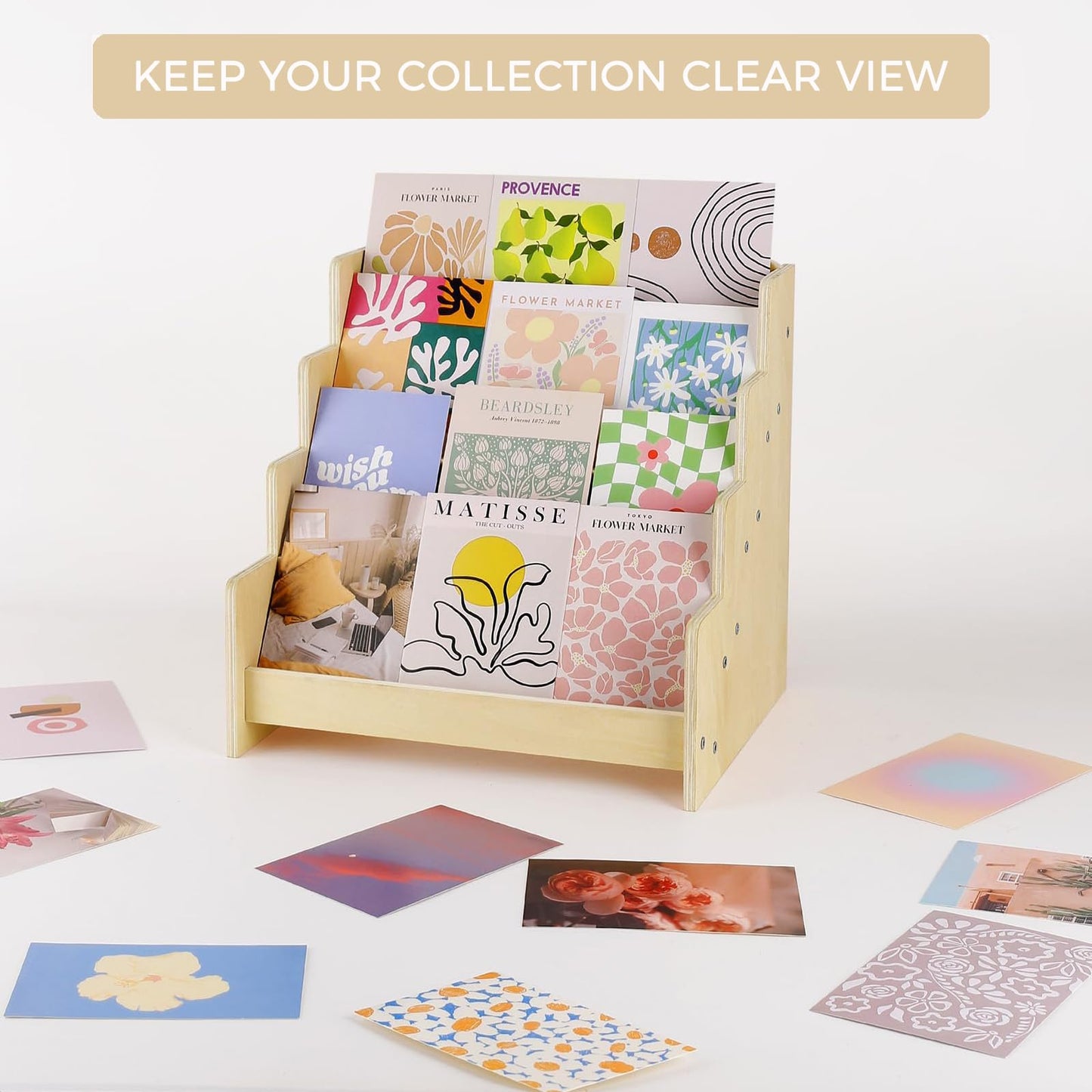Exood Greeting Card Organizer Display Stand , 4-Tier Wooden Rack Holder for postcard Brochure Photos Sticker Retail