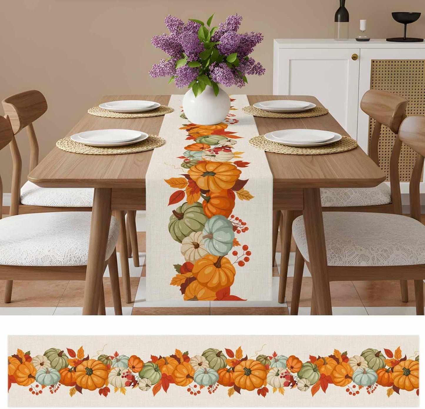 LooPoP 36 Inches Autumn Maple Leaves Harvest Pumpkin Table Runners Long Washable Thanksgiving Table Runner for Round