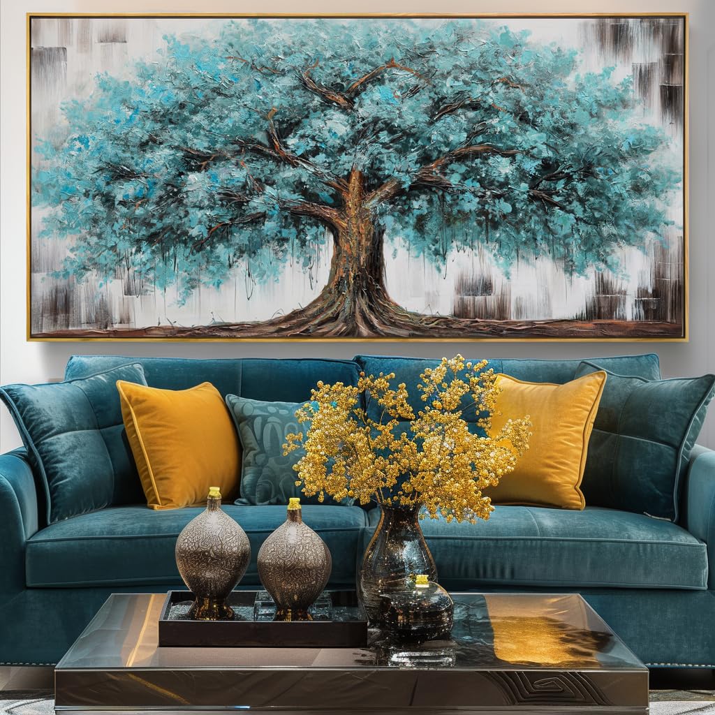 Wall Art Tree of Life Abstract Modern Artwork Blue Teal Tree Canvas Painting for Bedroom Living Room Office Large Decor 20"x40" with Framed