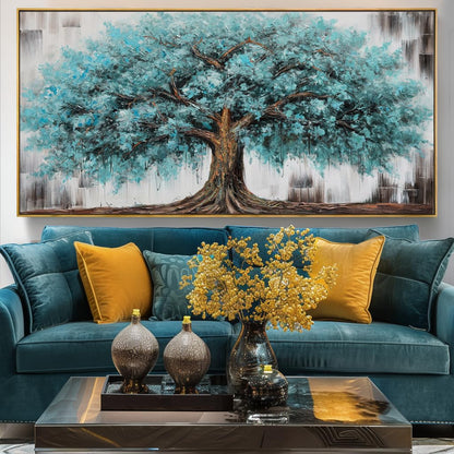 Wall Art Tree of Life Abstract Modern Artwork Blue Teal Tree Canvas Painting for Bedroom Living Room Office Large Decor 20"x40" with Framed