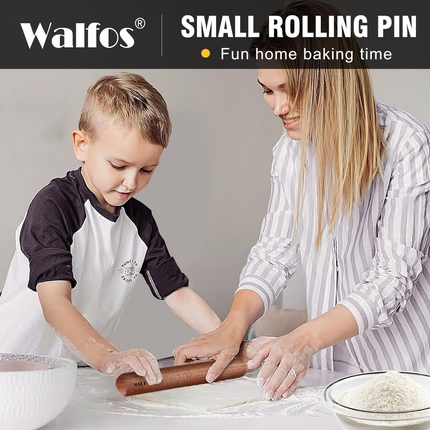 Walfos Mini Rolling Pin Set, Small Natural Wooden Rolling Pins with Non-Stick Silicone Baking Mat for Dough