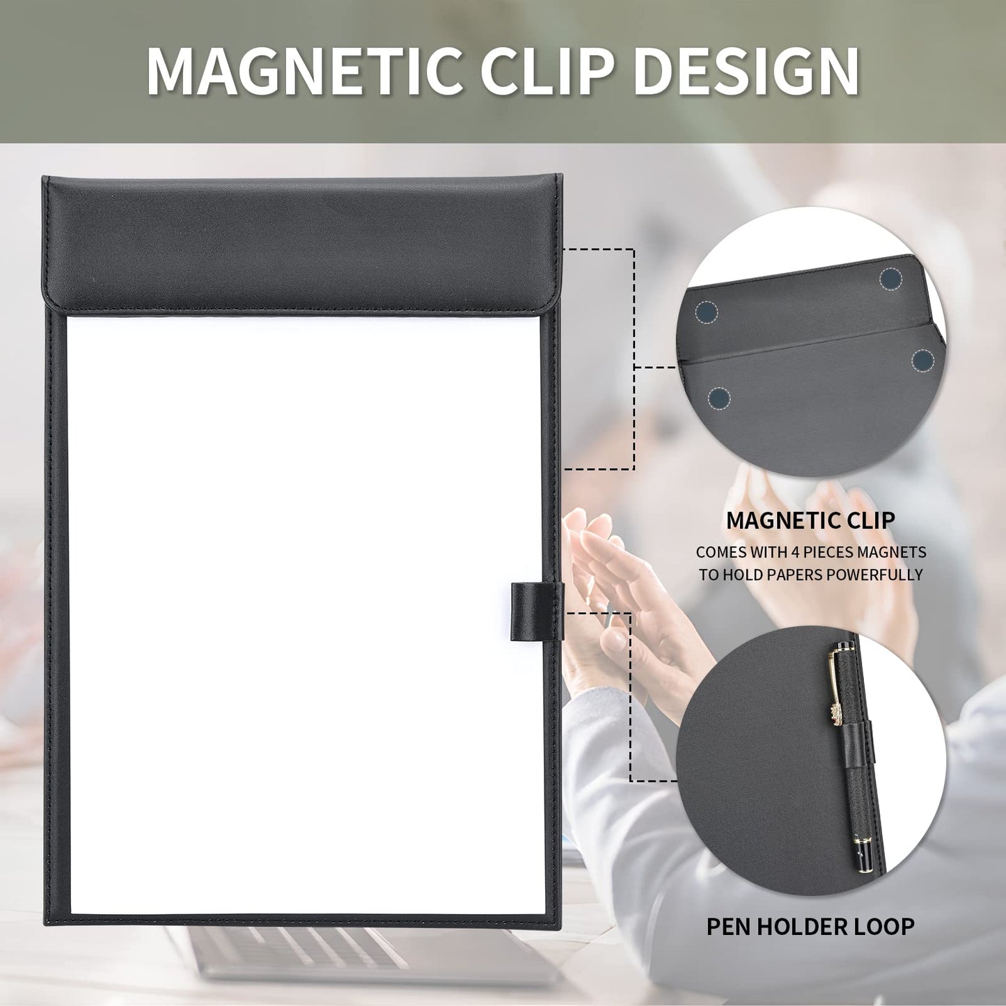 Leather Clipboard, Black Clipboards with Pen Holder, A4 Letter Size Clip Board for Nurses, Smooth Writing Clipboard for Classroom, Low Magnetic Profile Clip Boards for Kids Drawing Office 9" x 12.5"