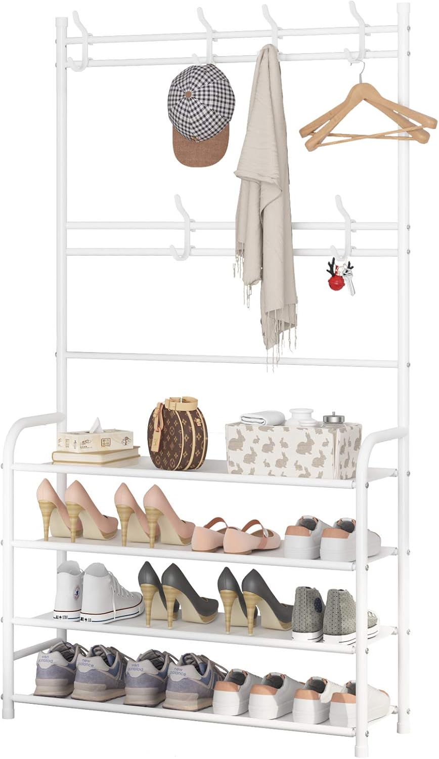 Rack,3-in-1 4-Tier 8 Hooks,16-20 UDEAR Entryway Coat and Shoe Hall Tree Multifunctional Storage Shelf with Shoe Bench