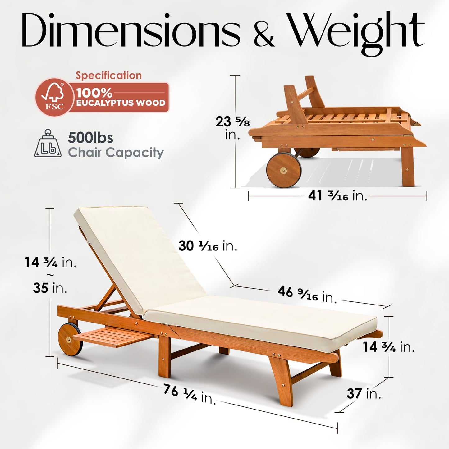 IDZO Upgraded Cushion Outdoor, 500lbs Capacity Patio Pool Loungers, Stackable and Foldable Design, Reclining Backrest, Federica Wood Chaise Lounge, Brown