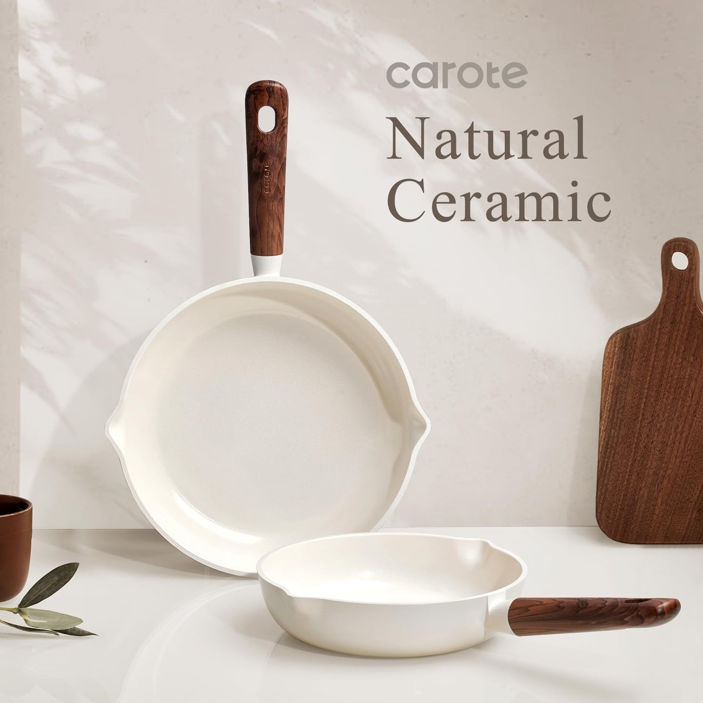 CAROTE Nonstick Frying Pans Skillets, Ceramic Coating Non-Stick Frying Pans Set, 5 PCS, Non-toxic Healthy & PFOA Free, Induction Compatible, 8+9.5+11 Inch with Colander Lid and Spatula, Cream White