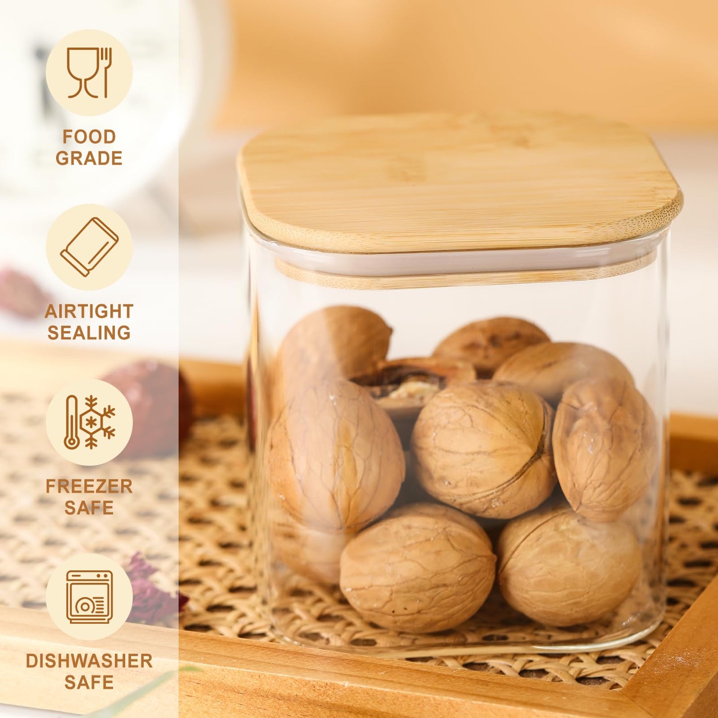 4-Pack Glass Storage Square Jars with Bamboo Lids Single 24 fl oz/720ml,Glass Canister Set, Airtight Containers for Kitchen Dry Goods, Coffee, Tea, Sugar,Flour ,Candy, Cookie, Spice