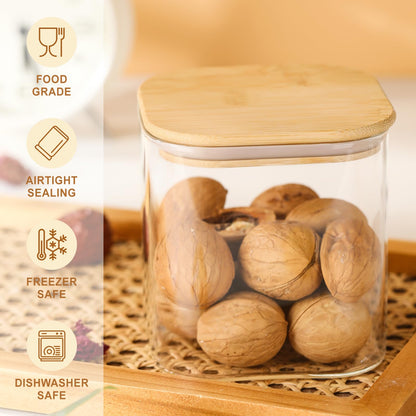 4-Pack Glass Storage Square Jars with Bamboo Lids Single 24 fl oz/720ml,Glass Canister Set, Airtight Containers for Kitchen Dry Goods, Coffee, Tea, Sugar,Flour ,Candy, Cookie, Spice