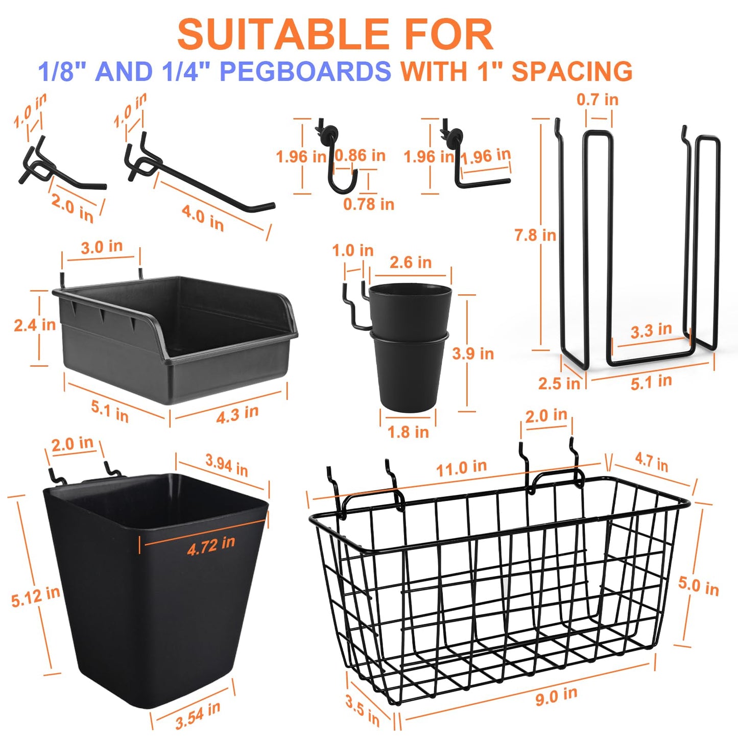 Pegboard Basket Organizers, Peg Board Large Baskets Hooks Bins Cups Tool Organizer 42 Pack Set, Wall Storage Display Hanging Accessories for Craft Office Stadio Shed Garage Organization (Black)