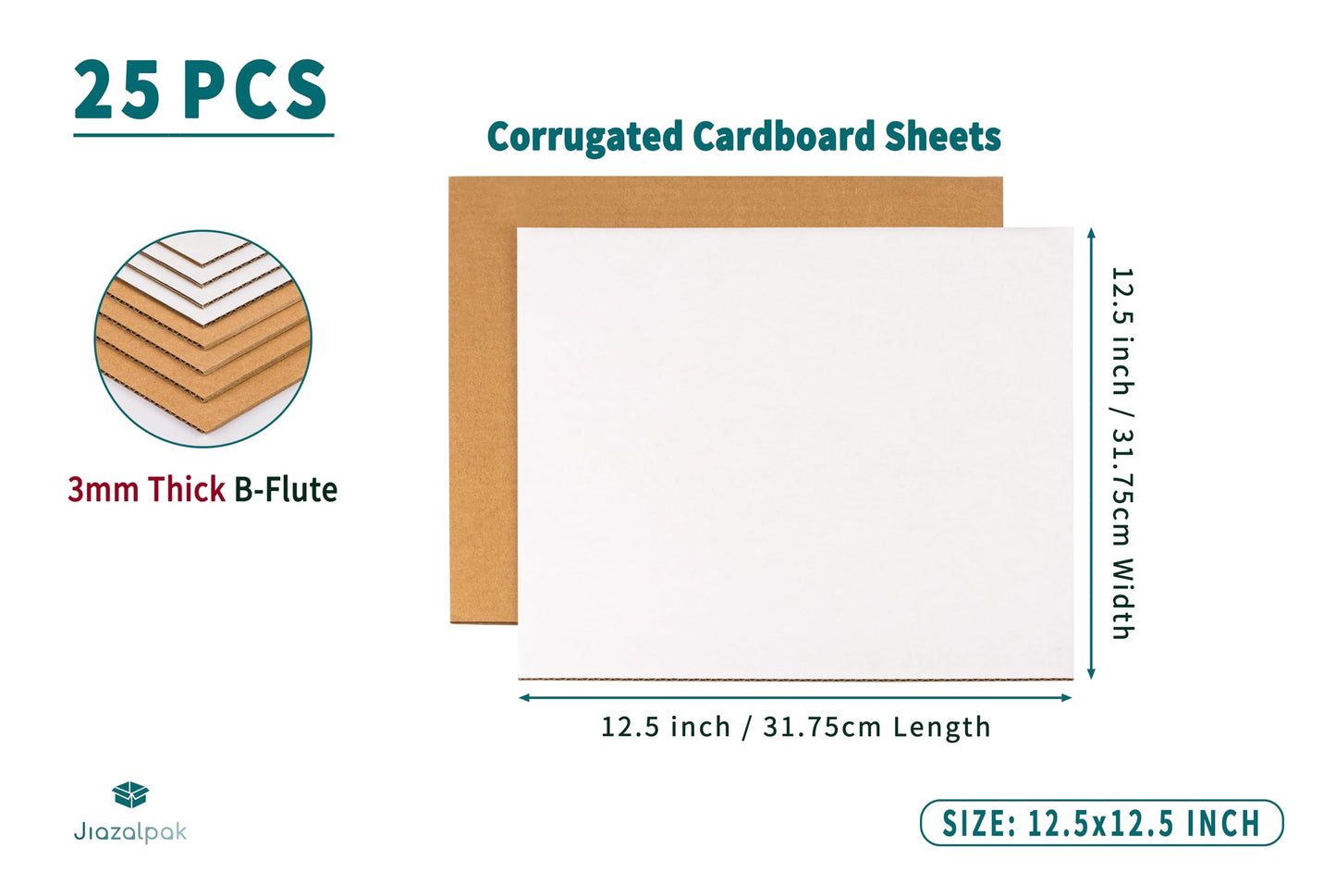 Jiazalpak 12.5x12.5 Inch Corrugated Cardboard Sheets Insert Pads for 12-inch LP Record Mailers, 1/8" Thick, One-Side White Protective Pads for Packaging, Crafts & DIY, 25 Pack