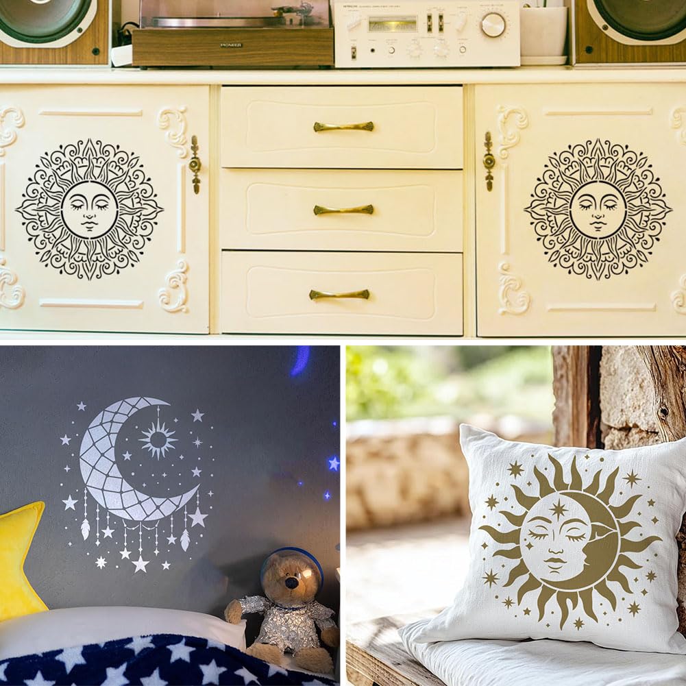 EVERJOYCRAFT 12pcs Mandala Sun and Moon Stencils for Painting 11.8"x11.8" Plastic Drawing Stencils for Crafts Reusable Star Tree Templates with Brushes Painting on Wood Wall Furniture Canvas Scrapbook