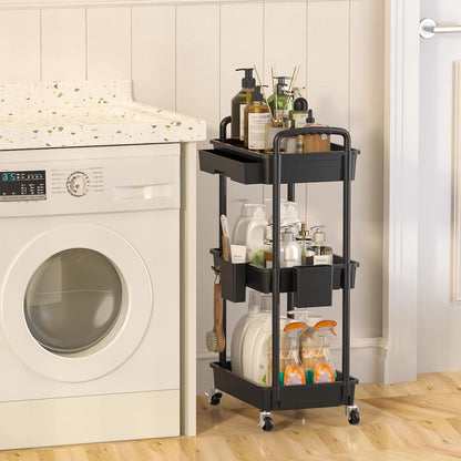 LLMRR 3 Tier Rolling Utility Cart with Drawer, Plastic Storage Organizer Rolling Carts with Wheels Handles Hanging Cups Hooks for Office, Bathroom, Kitchen,Craft Art Room (Black)