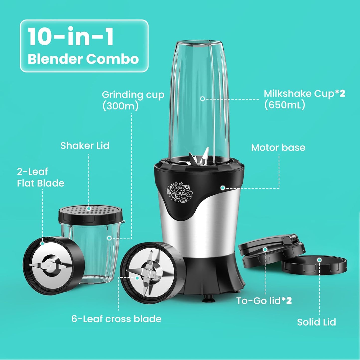 Suavo Smoothie Blender 1100W - Portable Personal Blender for Shakes & Smoothies with 2 * 22Oz To-Go Cups & Lids,