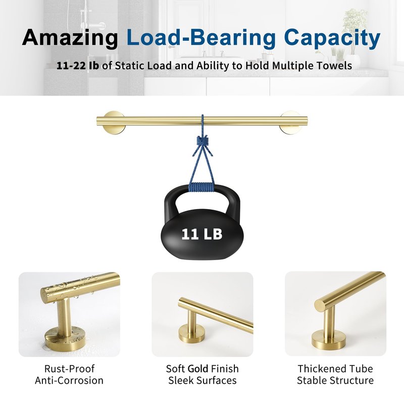 Brushed Gold Towel Bar, 18 Inch Towel Racks for Bathroom Wall Mounted, Thicken SUS304 Stainless Steel Heavy Duty Hand Towel Holder Organizer, Bathroom Accessories, Total Length 20.5 Inch