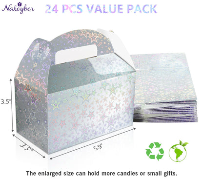 Naleyber Iridescent Star Party Favor Treat Box, 24pcs Holographic Gable Boxes for Candy Snacks Gifts, Shiny Goodie Boxes for Birthday parties