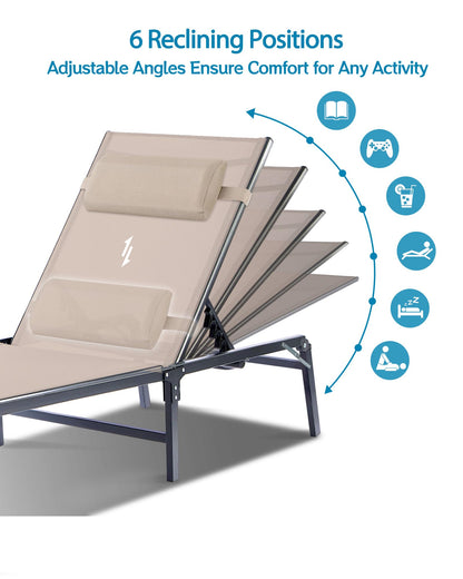 2 Pack Foldable Chaise Lounge Chair with Cup Holder, Assemble-Free Outdoor Lounge Chair with Detachable Pillow and 6 Adjustable Backrest, Patio Lounge Chair for Outside Poolside Beach Pool, Khaki