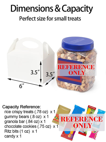 Happyhiram 50 Pcs Party Treat Boxes - White, 6 Inch Candy Boxes with Handle - Paper Cookie Gift & Snack Goodie Bags for Kids Birthday, Baby Shower, Wedding