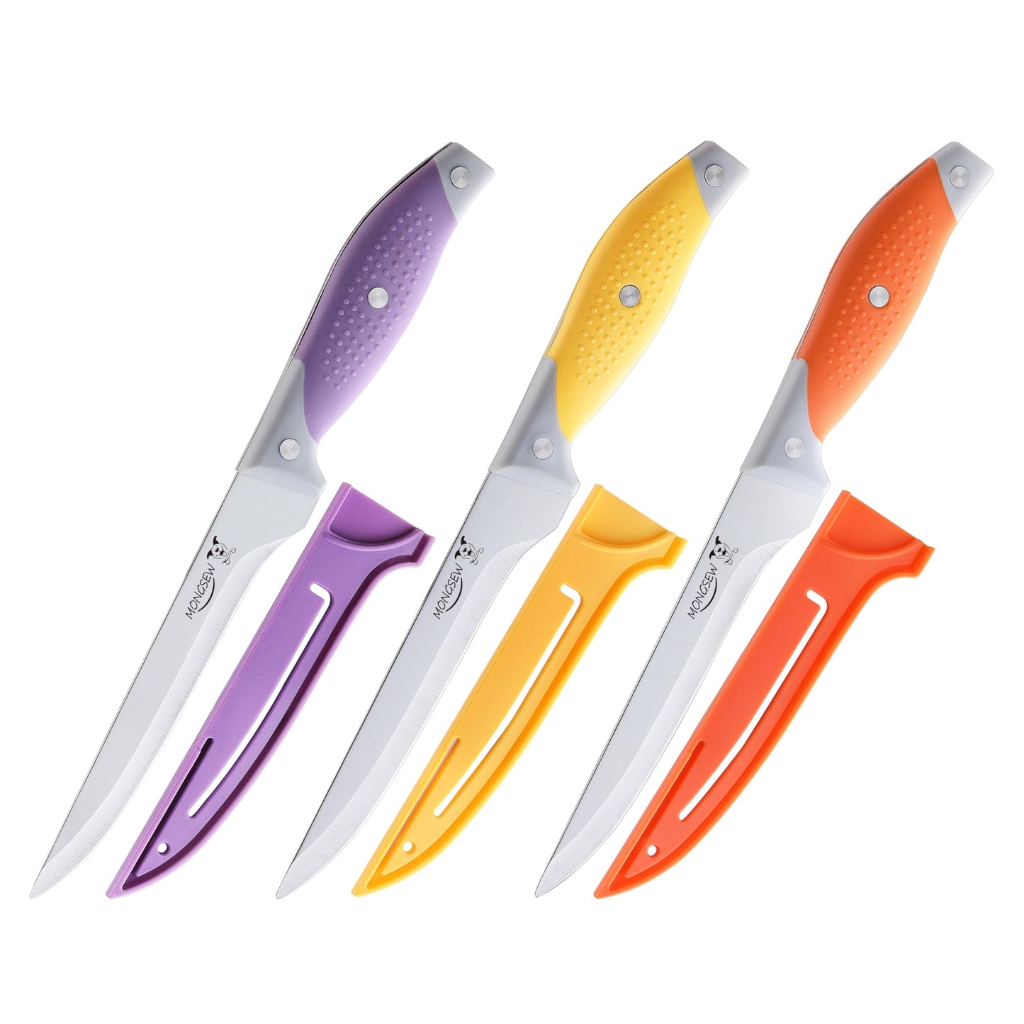 MONGSEW 3PCS Boning Knife, German Stainless Steel Fillet Knives, 6 inch Curved Boning Deboning Filet Fillet Knife for Meat, Fish, Poultry, Cutting, Trimming, Ergonomic Rubber Handle, Dishwasher Safe