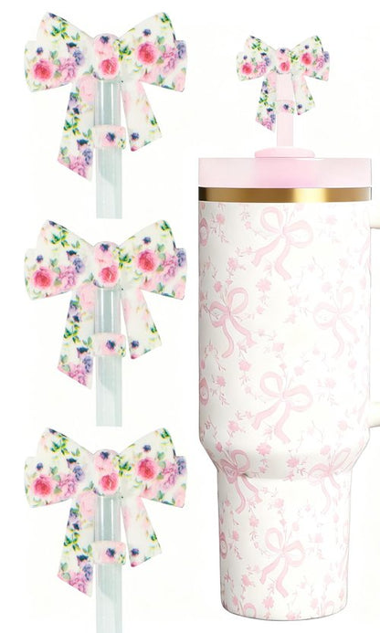Amreich 3PCs 3D Bow Straw Toppers - Floral Printed Silicone Straw Cover Caps for 10mm Straws, Reusable Tumbler Accessories for Stanley Cup Cute Gifts for Her Valentines Christmas