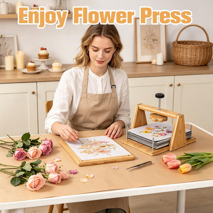 Bemoauty Flower Pressing Kit for Adults and Teens, 6 Layers Wood Flower Press 11.8" x 8", Flower Preservation Kits with 6 Sponge Sheet, Drying Plates and 24 Lining Papers, DIY Art & Crafts Gift