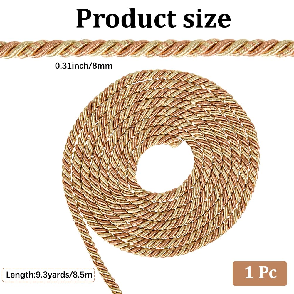 CABODYALS 9.3 Yards 8MM Gold Braid Rope Cord Beige Decorative Twine Braid Polyester Silk Honer Cord Trim Xmas Satin Thread String for Sewing Making Bracelet Necklace Party Decor DIY Craft Upholstery