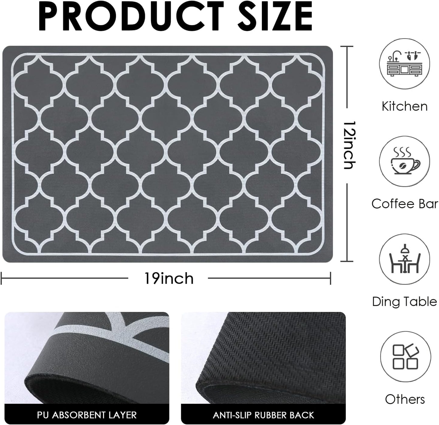 19"x 12" Counter Absorbent Dish Drying Mats for Baby Bottle Dish Rack, Coffee Maker Mat Easy to Clean Non-slip Rubber