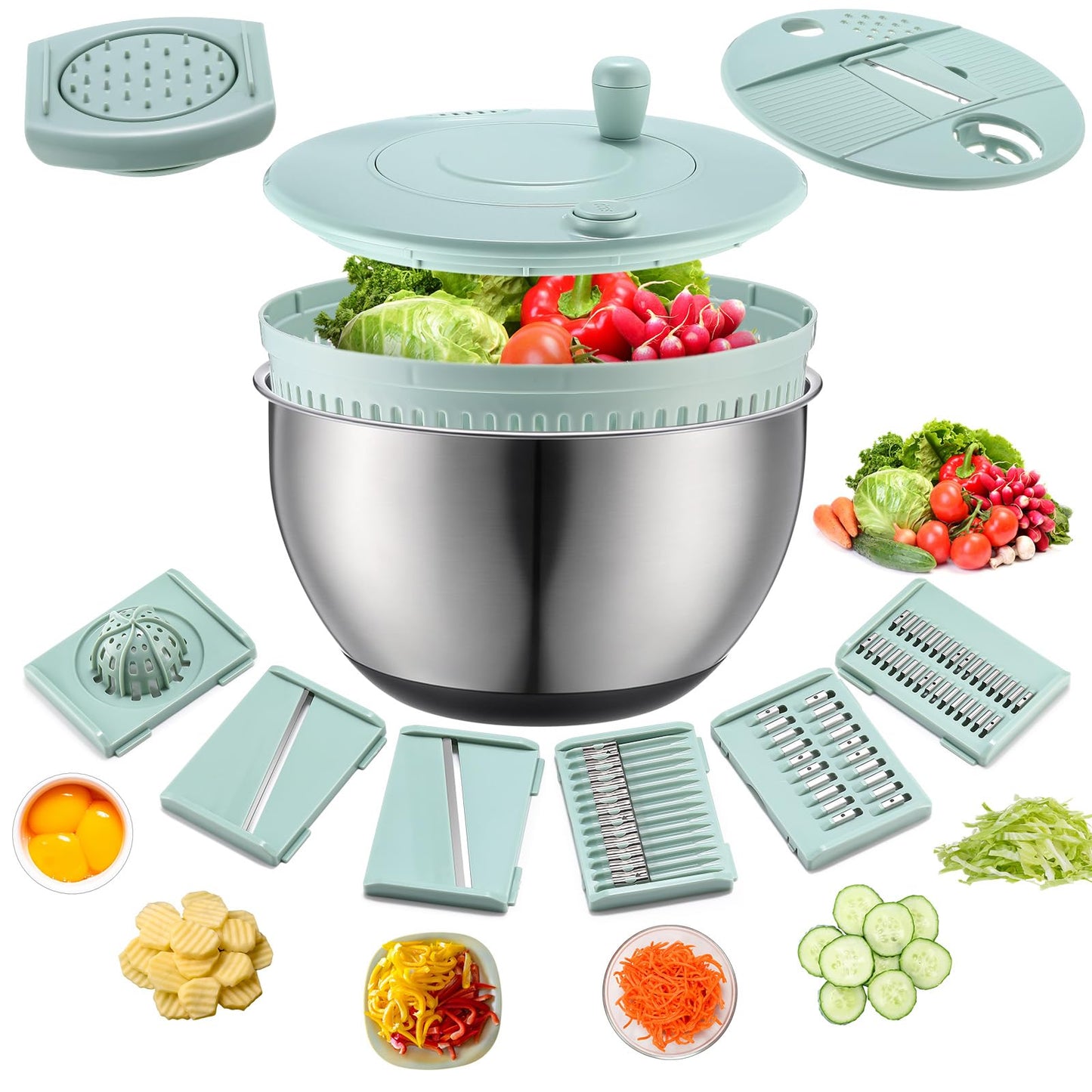LemonRoad Stainless Steel Salad Spinner Large, Vegetables Fruits Washing Bowl, Fruits Lettuce Dryer with 5 Blade Slicer Egg Yolk Strainer Shredder for Kitchen Efficient Salad Preparation, 5.3 Qt