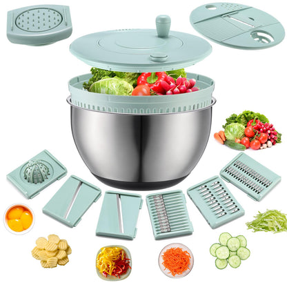 LemonRoad Stainless Steel Salad Spinner Large, Vegetables Fruits Washing Bowl, Fruits Lettuce Dryer with 5 Blade Slicer Egg Yolk Strainer Shredder for Kitchen Efficient Salad Preparation, 5.3 Qt