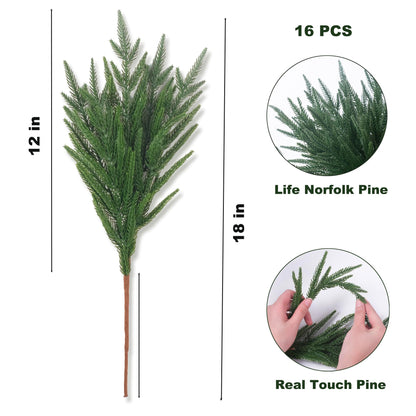 18 Inch Real Touch Artificial Norfolk Pine Branches, 16pcs Faux Cedar Pine Stems for Christmas Decor, Greenery Pine Garland for DIY Crafts & Wreath, Xmas Holiday Mantel Fireplace Decorations