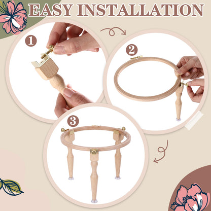 Novabright 3 Wooden Embroidery Hoop Holder Legs with 6 Round Hoops 5'' to 10'' 6 Sizes, Adjustable Embroidery Stand Frame Legs Standard Full Coverage for Upgrade Sewing Cross Stitch Home Craft Project