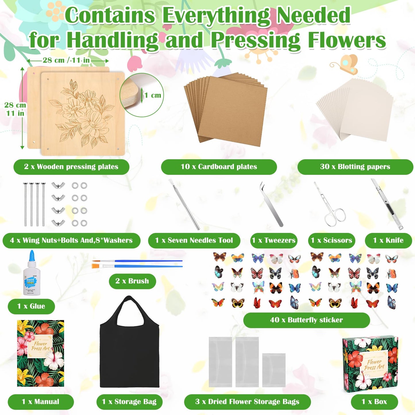 Cruzix 11x11 Large Flowers Press Kit, 10-Layer Wooden Pressing Kit for Adults DIY Flower Preservation & Dried Flowers Art Bookmark Frame Wedding Flower Drying, Gift for Craft Lovers with Storage Bag