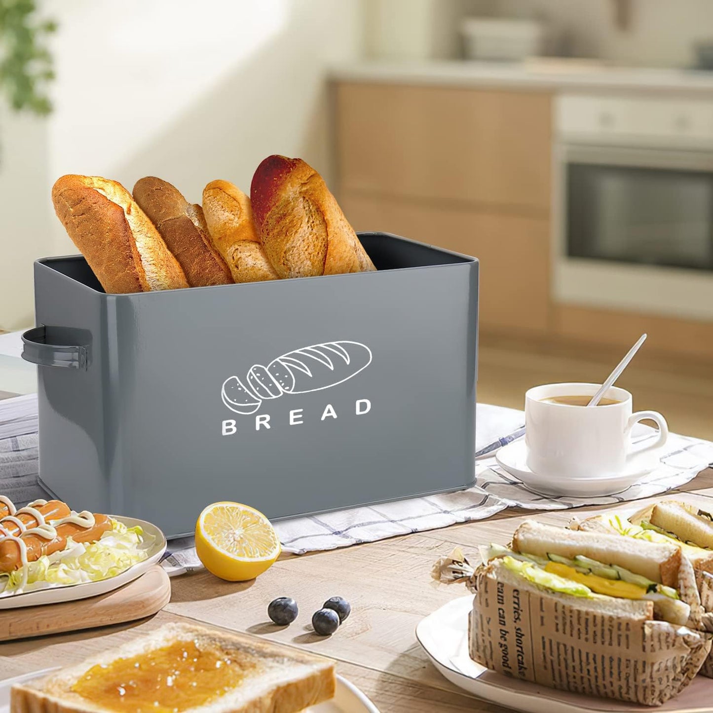 Bread Box for Kitchen Countertop - GA Homefavor Bread Bin with Bamboo Lid, 11.56" x 6.7" x 5.5", Grey