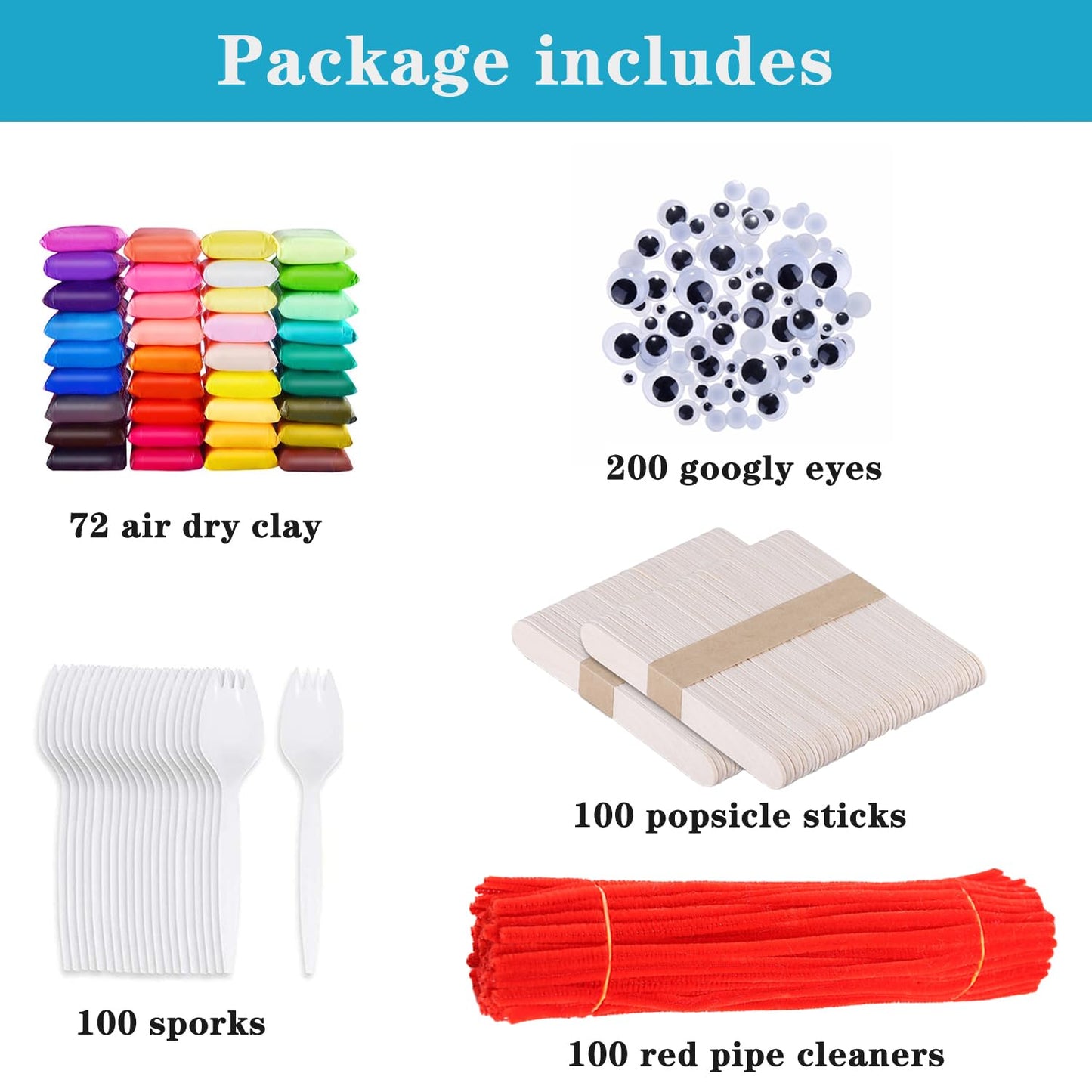 100 Set Fork Creativity Set, Air Dry Clay Plastic Sporks Red Pipe Cleaners Clever Eyes Popsicle Stick,Make Your own Forky