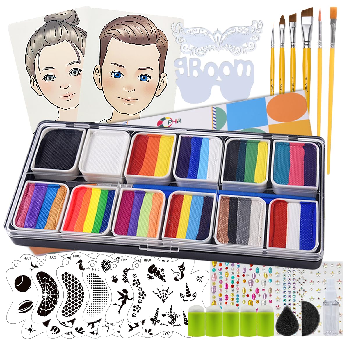 OPHIR Professional Face Painting Kit for Kids & Adults, 5.14 oz Non Toxic Water Activated Rainbow Split Cake Face Paint with Stencils, Brushes, Practice Boards for Summer Fun Halloween Party Festivals