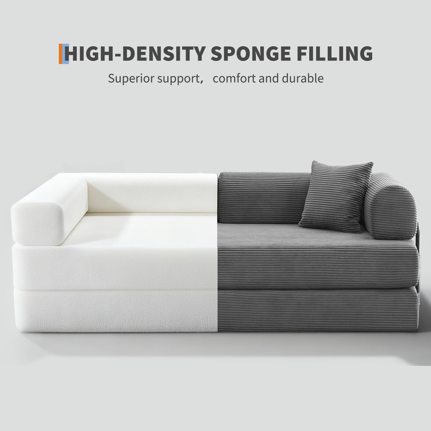 4 in 1 Convertible Sleeper Sofa Bed, 78.7" Boneless Corduroy Floor Couch with Pillows, Folding Futon Loveseat, Deep Seat Pull Out Sofa for Living Room, Apartment, Bedroom, No Assembly Required, Gray
