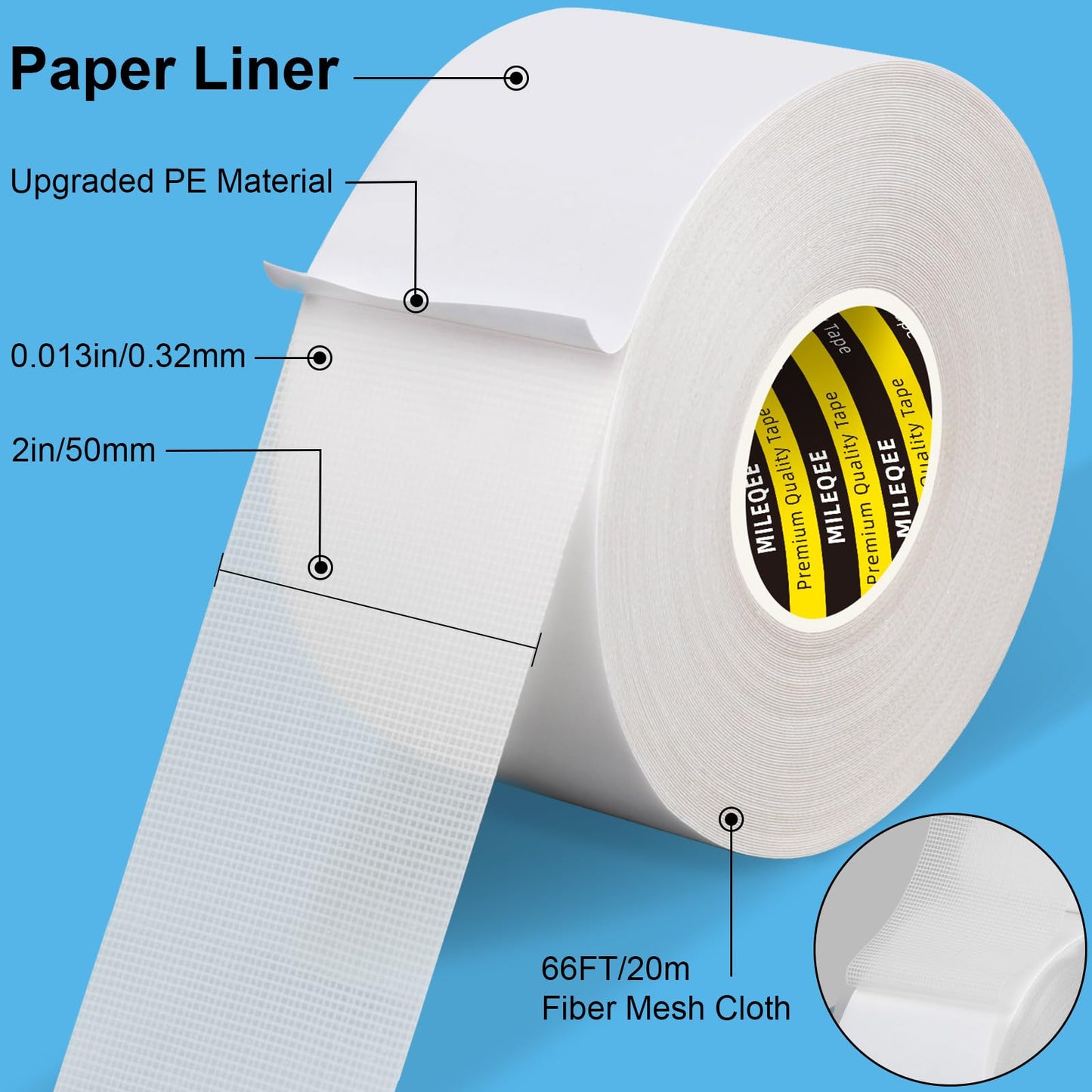 MILEQEE Double Sided Tape Heavy Duty, 2in x 66FT, Universal High Tack Strong Wall Adhesive with Fiberglass Mesh, Super Sticky Resistante Clear Tape, Easy Use Mounting Tape White
