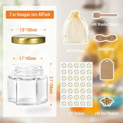 48 Pack 2 oz EkkoVla Hexagon Mini Glass Honey Jars, Small Honey Jars with Golden Lids, Wooden Dipper, Bee Pendants