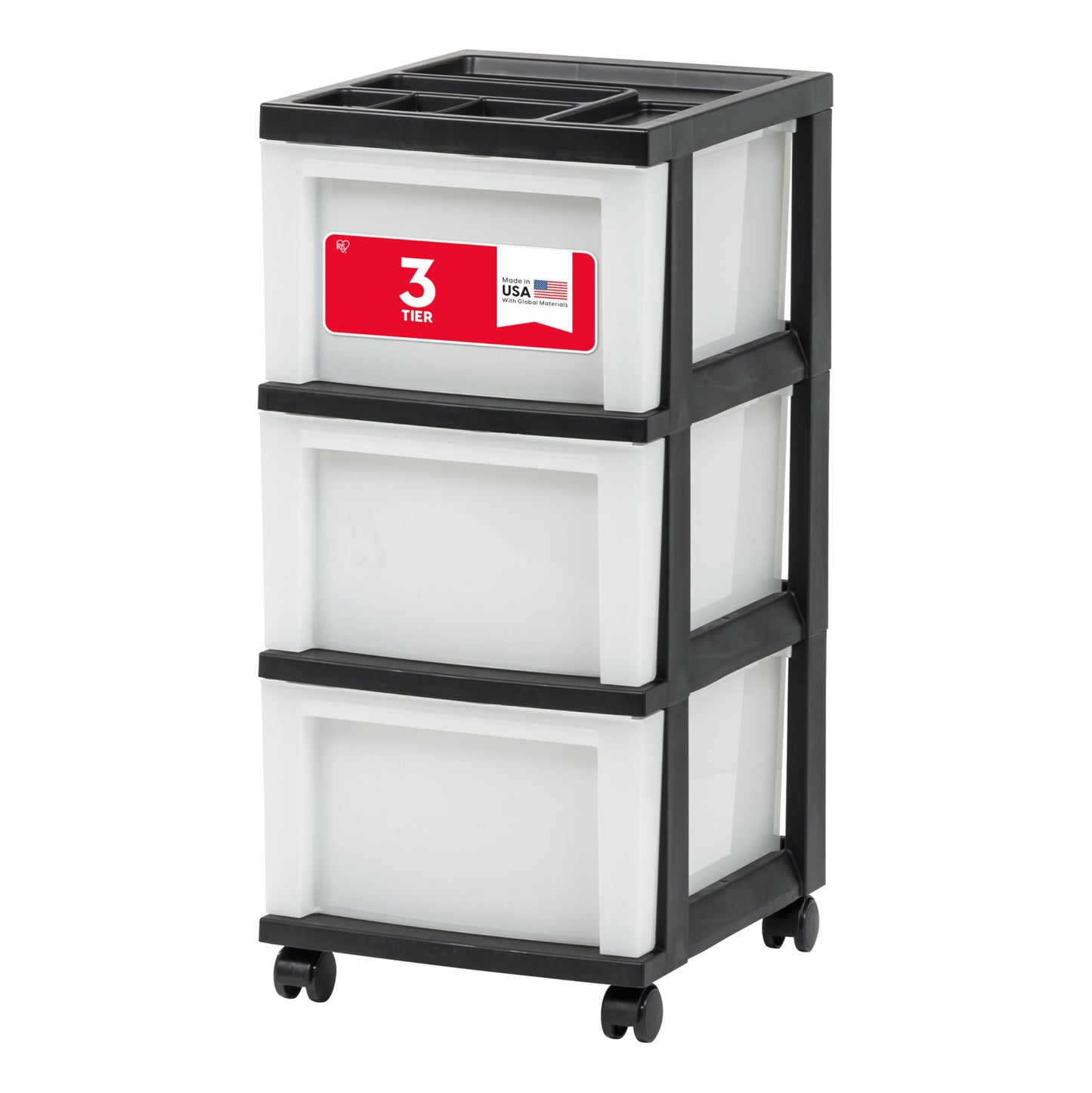 IRIS USA Plastic Drawer Storage Organizer Rolling Cart, with Wheels Casters, 3-Drawers, for Classroom Art Craft Supplies Dresser Closet Bathroom Laundry Room, Black/Pearl