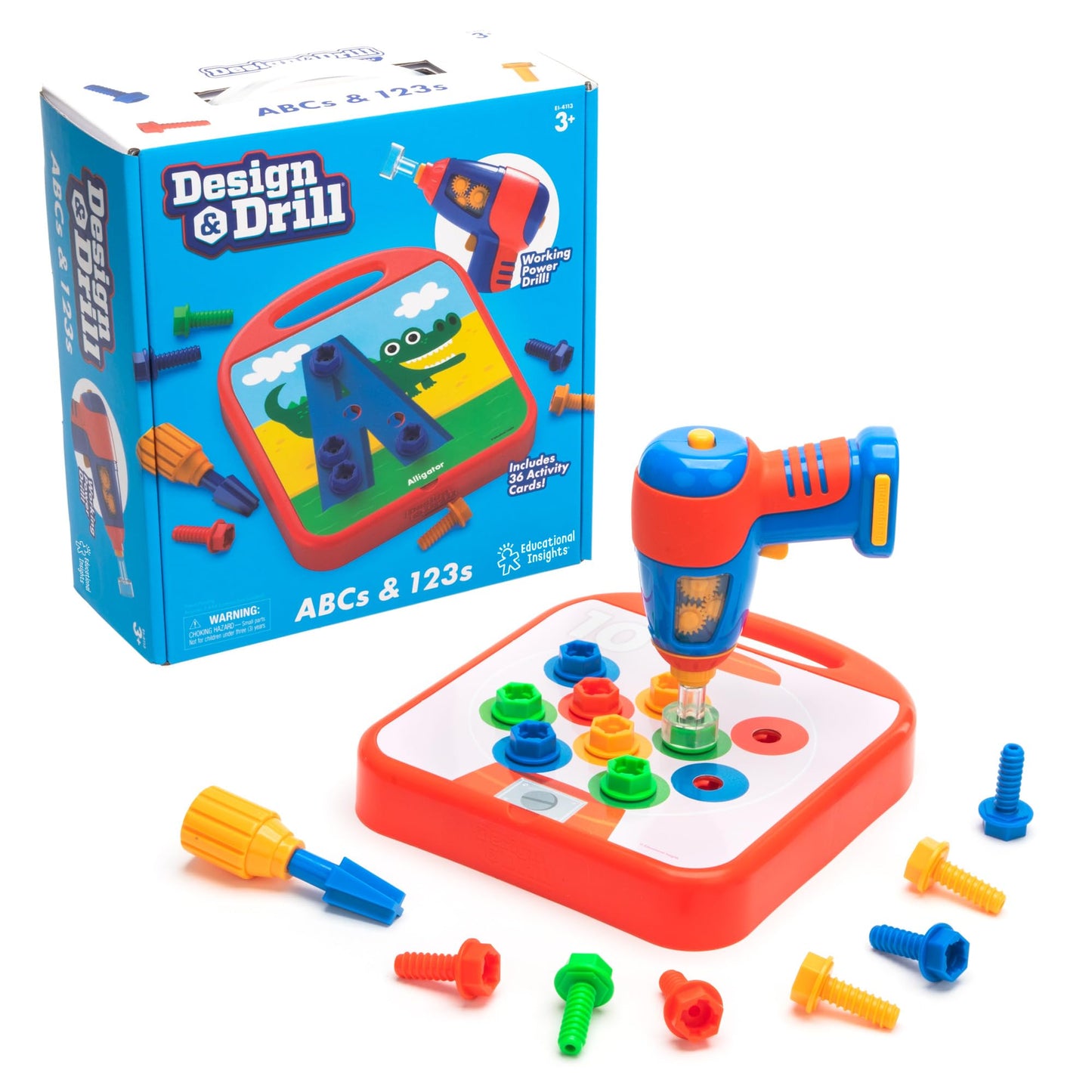 Educational Insights Design & Drill ABCs & 123s - Construction Toys & Toddler Tools, Kids Tool Set with Real Electric Drill Toy, Preschool Learning Activities, Building Kits and Gifts for Ages 3+