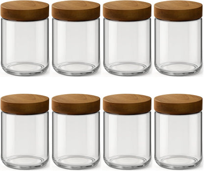 8 Pack 16oz 10oz and Overnight Oats Containers with Lids, Glass Mason Jars with Acacia Wood Airtight Lids, Wide Mouth