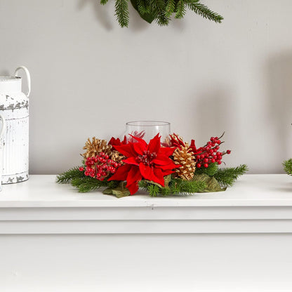 Nearly Natural Poinsettia Candelabrum - Red Berry & Golden Pine Cone Silk Arrangement | 14" H x 14" W