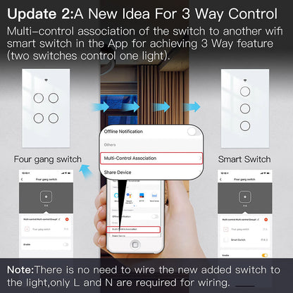 MoesGo WiFi Smart Wall Light Switch,Glass Panel, Multi-Control(3 Way), 2.4GHz Wi-Fi Touch Switches, Neutral Wire Required, Remote Control Smart Life/Tuya App, Work with Alexa, Google Home White 1 Gang