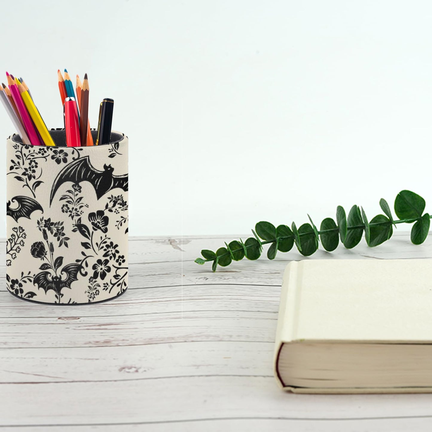 XUWU Gothic Bat Flowers Pen Holder Pencil Organizer Cute Pencil Cup Desk Decor Makeup Brush Holder PU Multifunctional Office Suppliesfor Home Classroom School