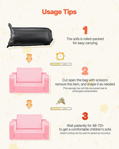 2-in-1 28D VEVOR Kids Sofa, Foldable Toddler Soft Couch with Armrests, Made of Sponge & Short Pile, Convertible Toddler