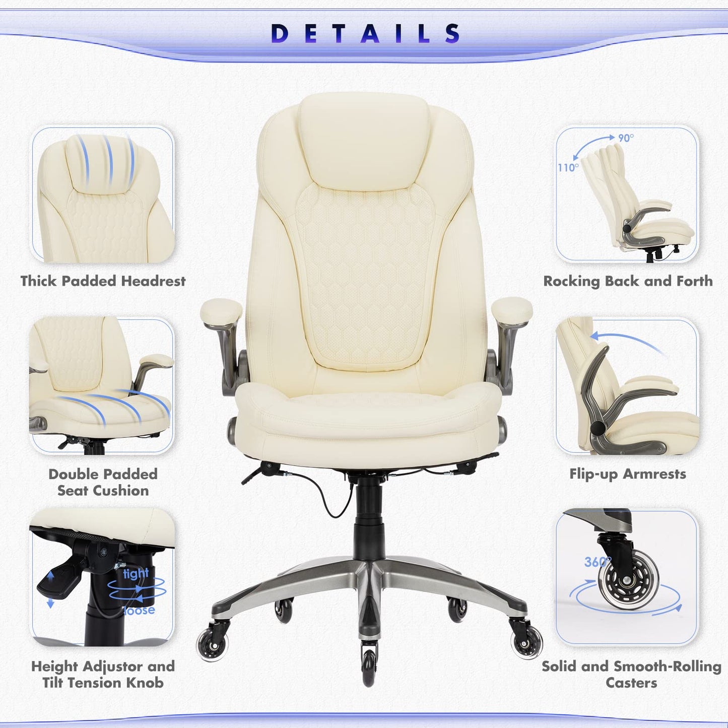 Executive Office Chair-Ergonomic Computer Desk Chair, High Back Leather Chair Swivel Home Office Chair with Upgraded Casters-Ivory, Set of 2