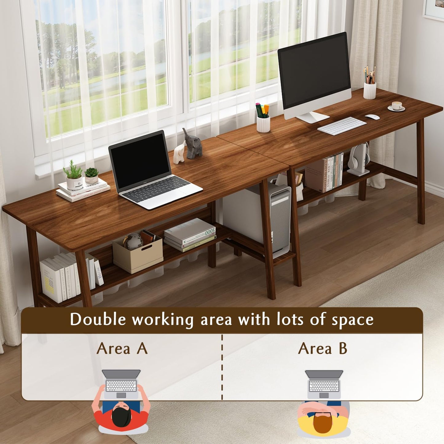 NELYE 2-Person Writing Desk with Bookshelf - 94" Wooden Extra Long Home Office Work Table, Double Study Computer Workstation with Storage Shelves in Walnut, 94" W x 24" D