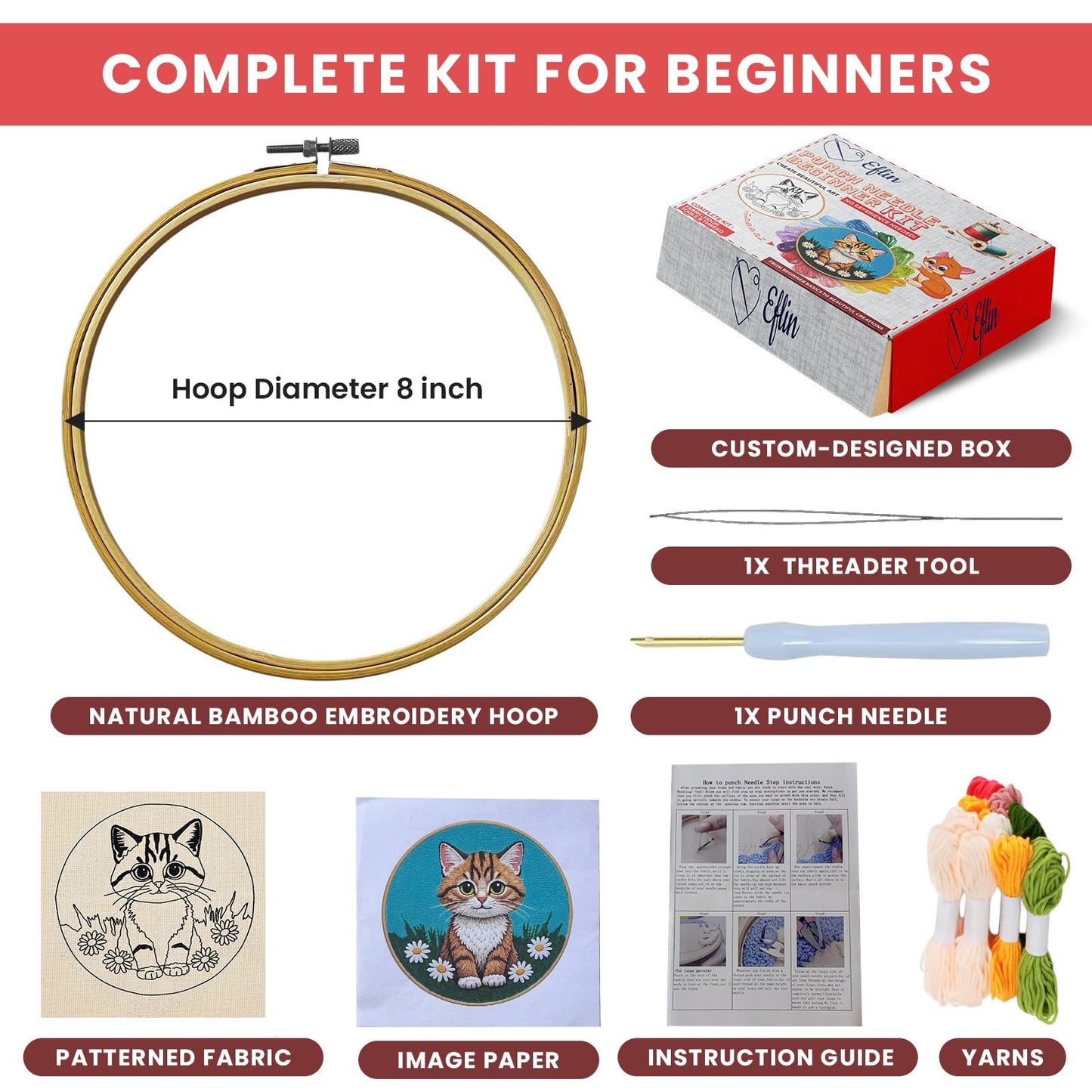 Eflin Punch Needle Kits Adults Beginner - Needlepoint Kits for Adults, Cute Cat & Daisy Pattern, Natural Bamboo Hoop, Yarns, Tools, Craft Kits for Beginners, Rare Gift for Crafts, Decors, Festivals