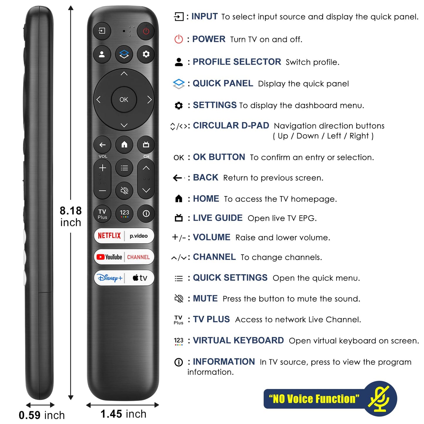 Voice Remote Only for TCL-Google-TV-Remote-Control Replacement,RC813 Remote Compatible with TCL 4k QLED/UHD/QD-Mini LED Series Smart TVs(Not for Fi & Roku TVs)