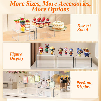 8 Pcs Clear Acrylic Boxes for Display, Acrylic Food Risers & Acrylic Cube Set (3"-8"), with 8 White Display Boards & 2 Markers, Clear Risers for Food, Decor, Party, Retail