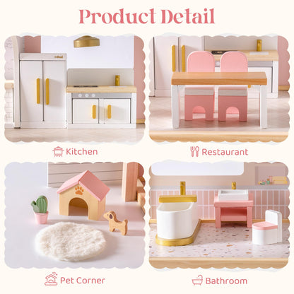 ROBUD Wooden Dollhouse Furniture Set, 28 Pcs Doll House Accessories, Miniature Furniture Including 6 Room Kits, Pretend Play Toys, Gift for Boys and Girls,3+